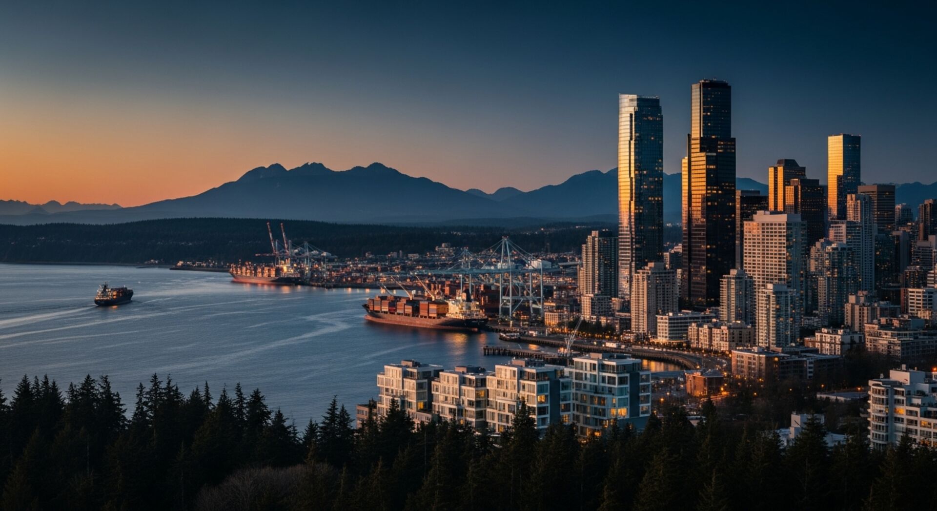 Modern coastal skyline representing global enterprise